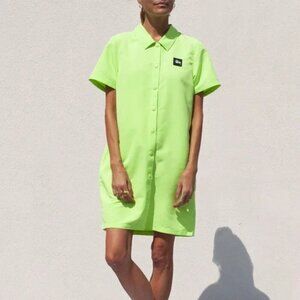 Stussy Nomi House Dress Light Neon Green Snap Button Shirt Dress